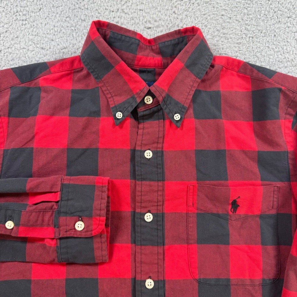 Ralph Lauren Mens Medium Red Black Buffalo Check Plaid Button Down Shirt Cotton